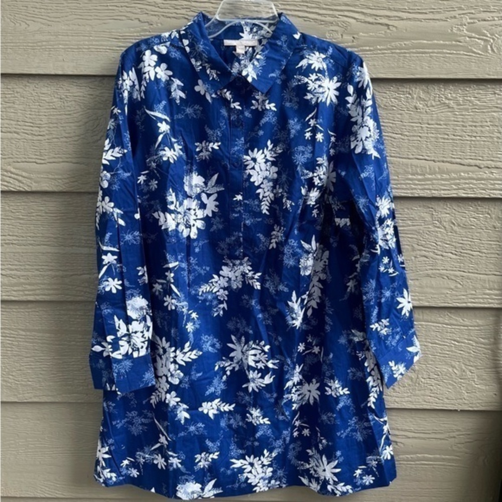 Woman Within Large Blue Floral Tunic Shirt Cotton Roll Tab Sleeve Pullover NEW